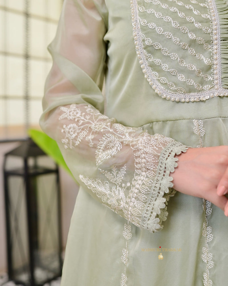 Mint Green Threadwork Festive Organza Anarkali