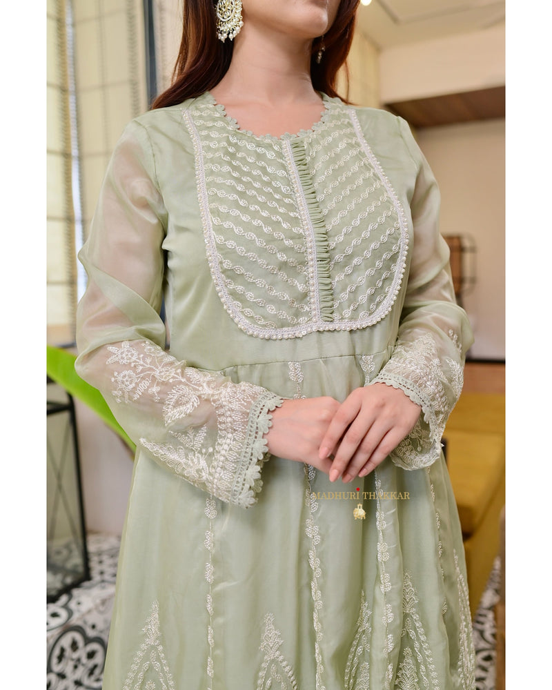 Mint Green Threadwork Festive Organza Anarkali