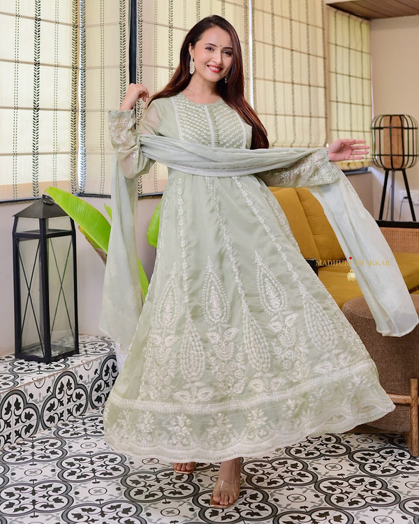 Mint Green Threadwork Festive Organza Anarkali