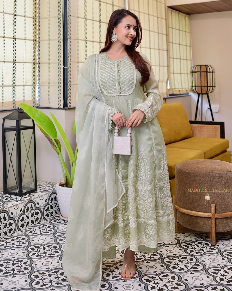 Mint Green Threadwork Festive Organza Anarkali