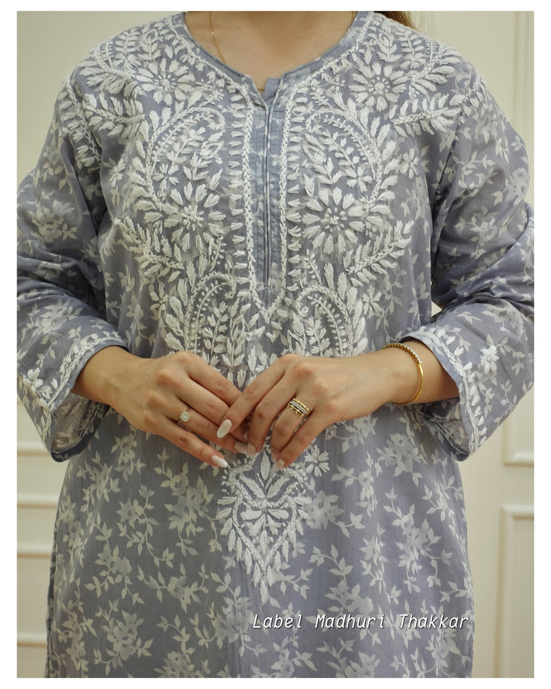 Grey Cotton Chikankari Kurti