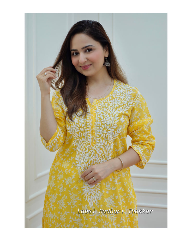 Yellow Cotton Chikankari Kurti