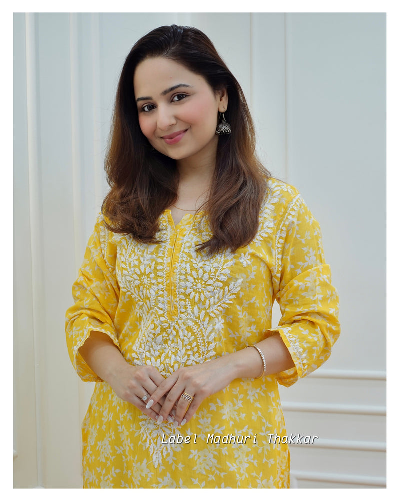 Yellow Cotton Chikankari Kurti