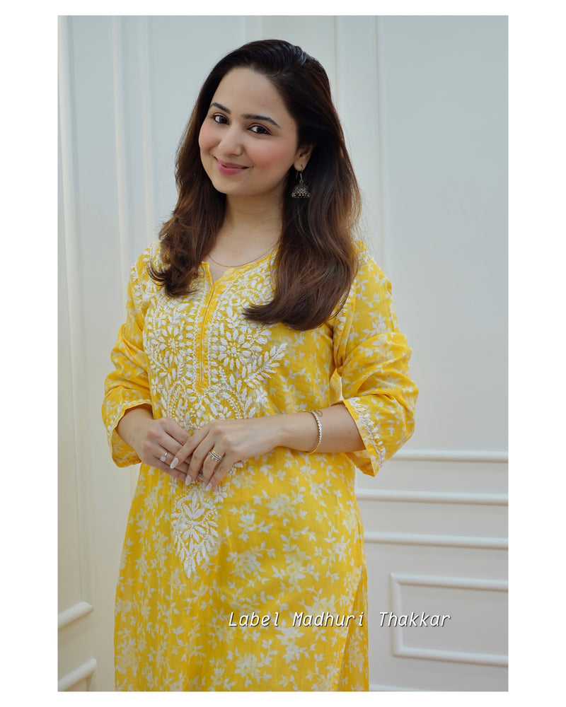 Yellow Cotton Chikankari Kurti