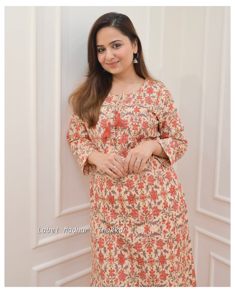 Peach Floral Cotton Kurti