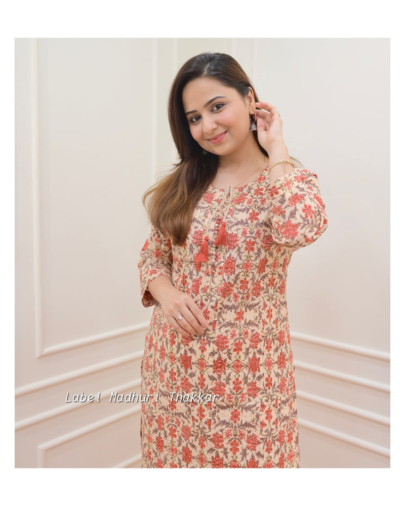 Peach Floral Cotton Kurti