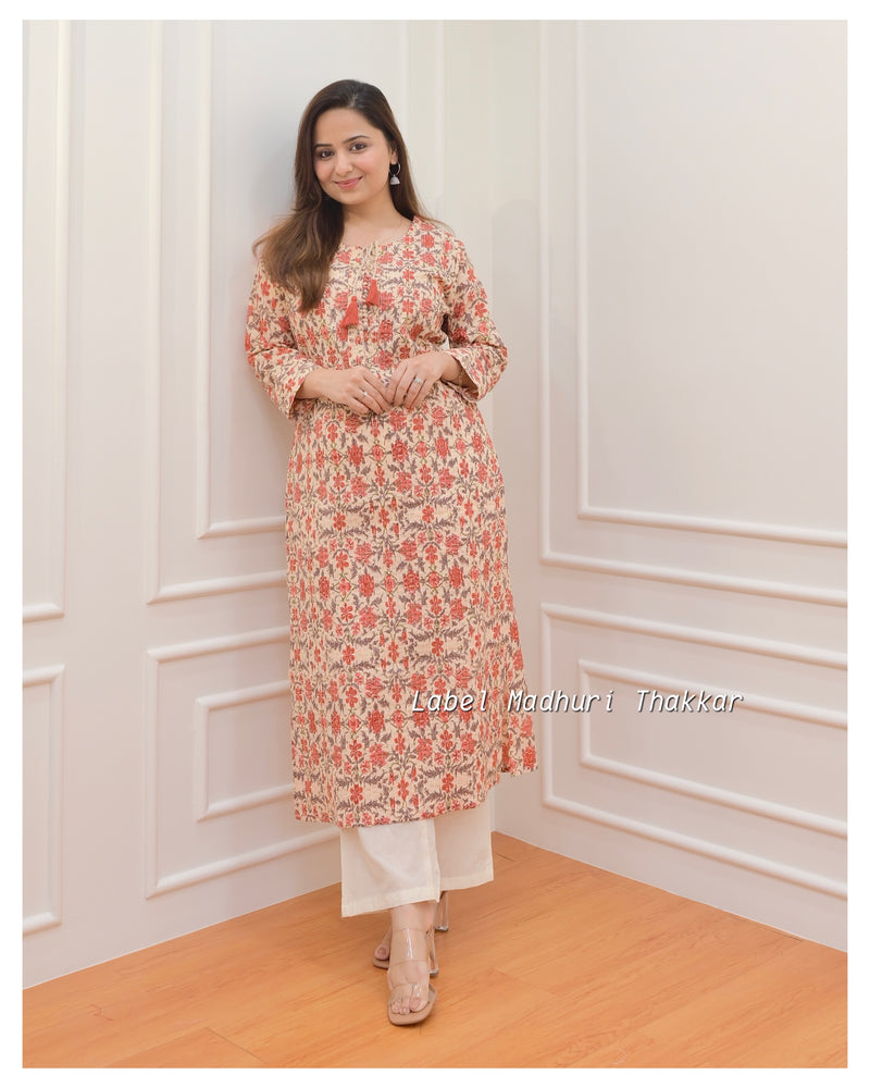 Peach Floral Cotton Kurti