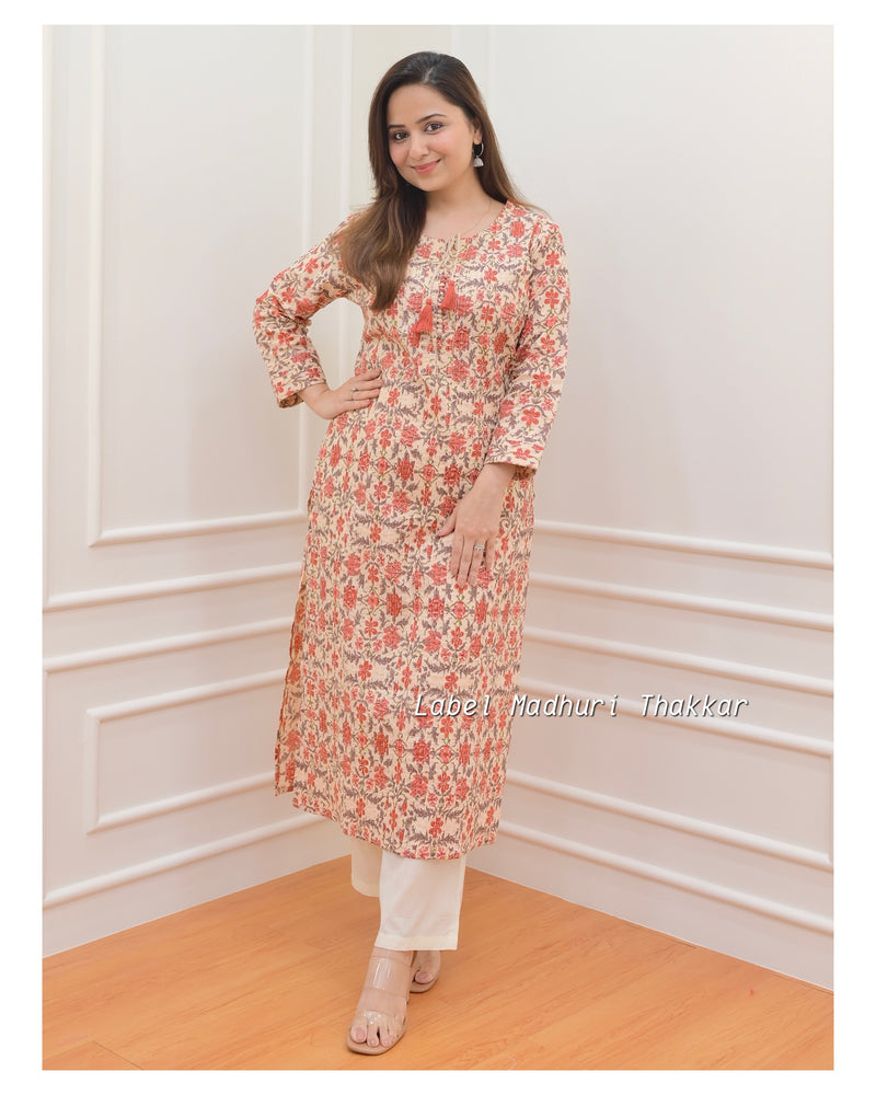 Peach Floral Cotton Kurti