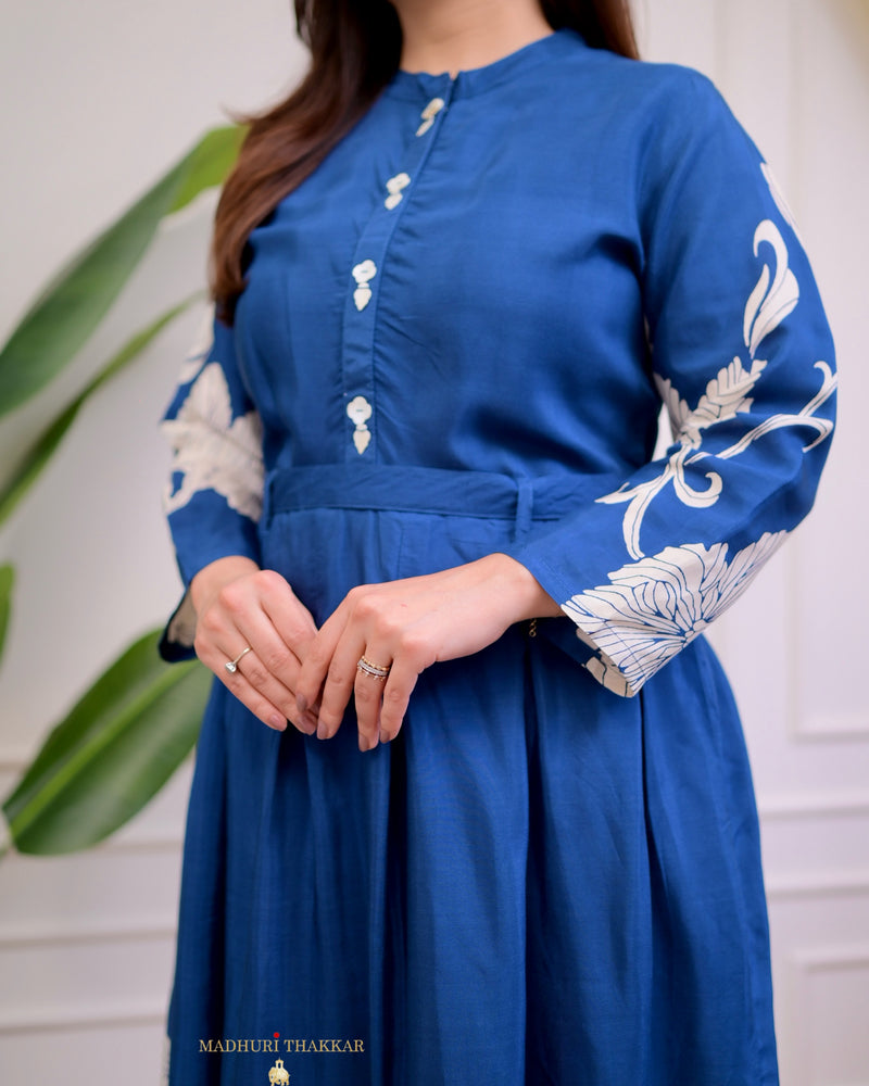 Royal Blue Floral Pleated Russian Cotton A Line Dress