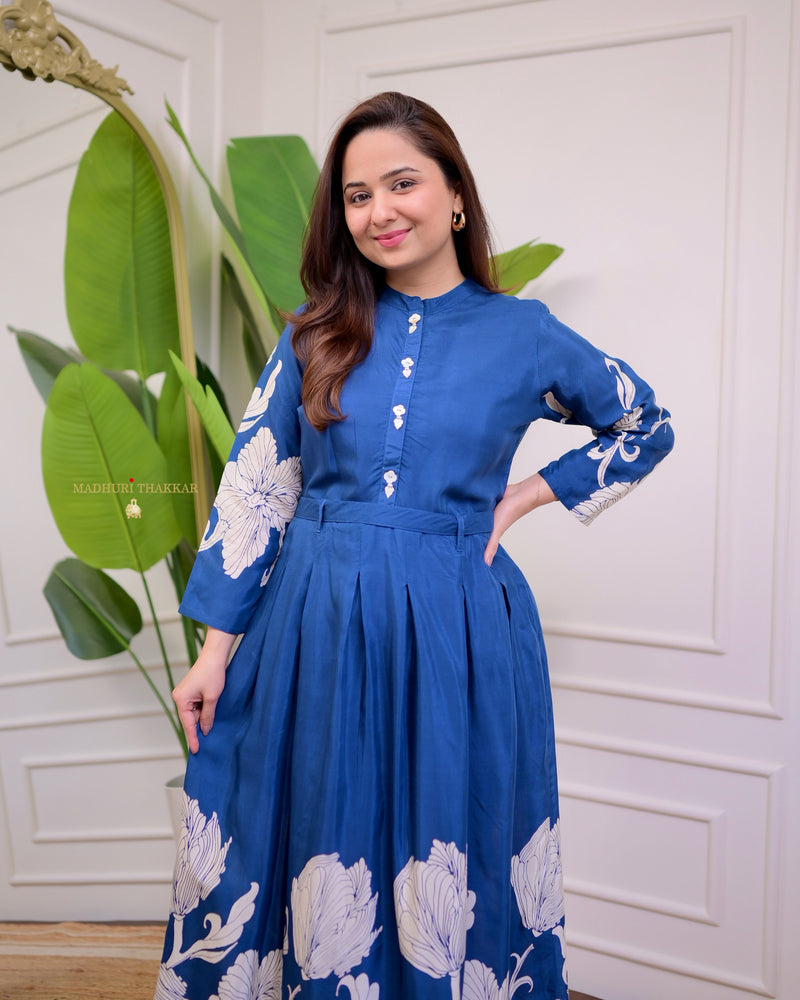 Royal Blue Floral Pleated Russian Cotton A Line Dress