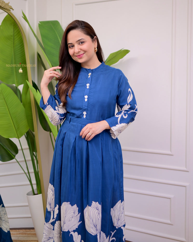 Royal Blue Floral Pleated Russian Cotton A Line Dress