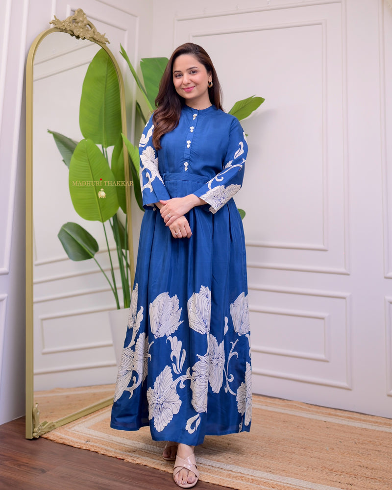 Royal Blue Floral Pleated Russian Cotton A Line Dress