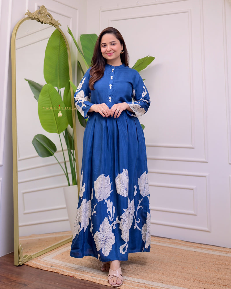 Royal Blue Floral Pleated Russian Cotton A Line Dress