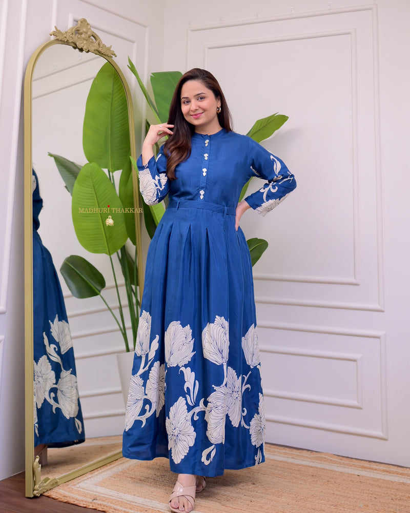 Royal Blue Floral Pleated Russian Cotton A Line Dress