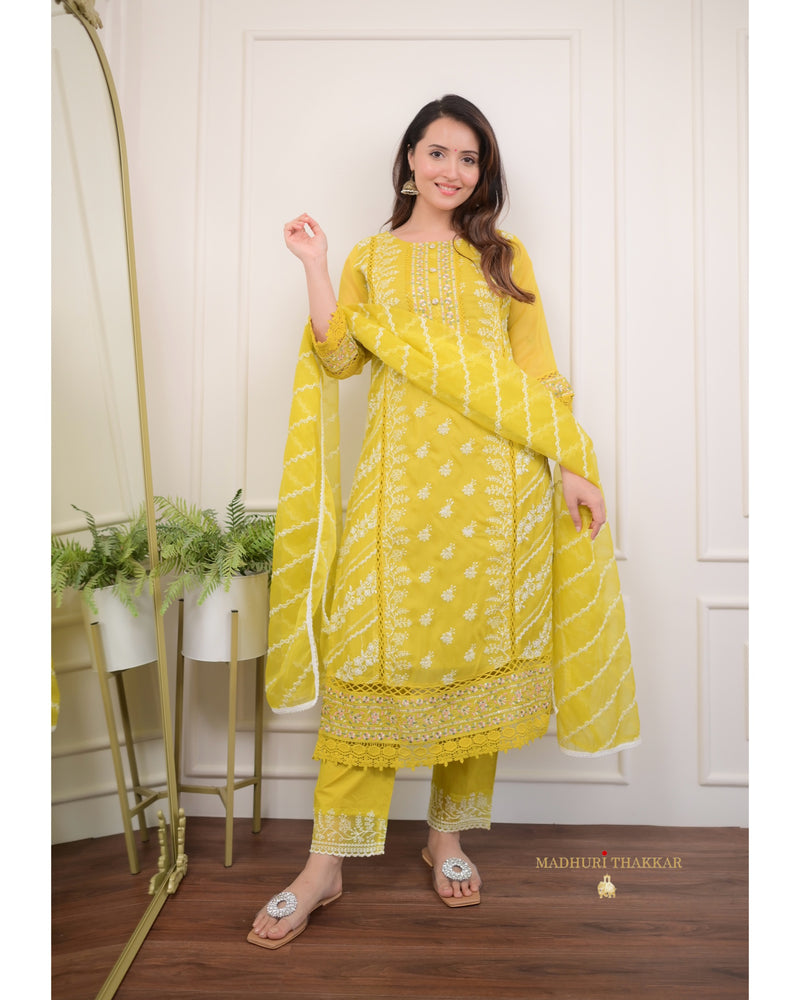 Yellow Threadwork Organza Suit