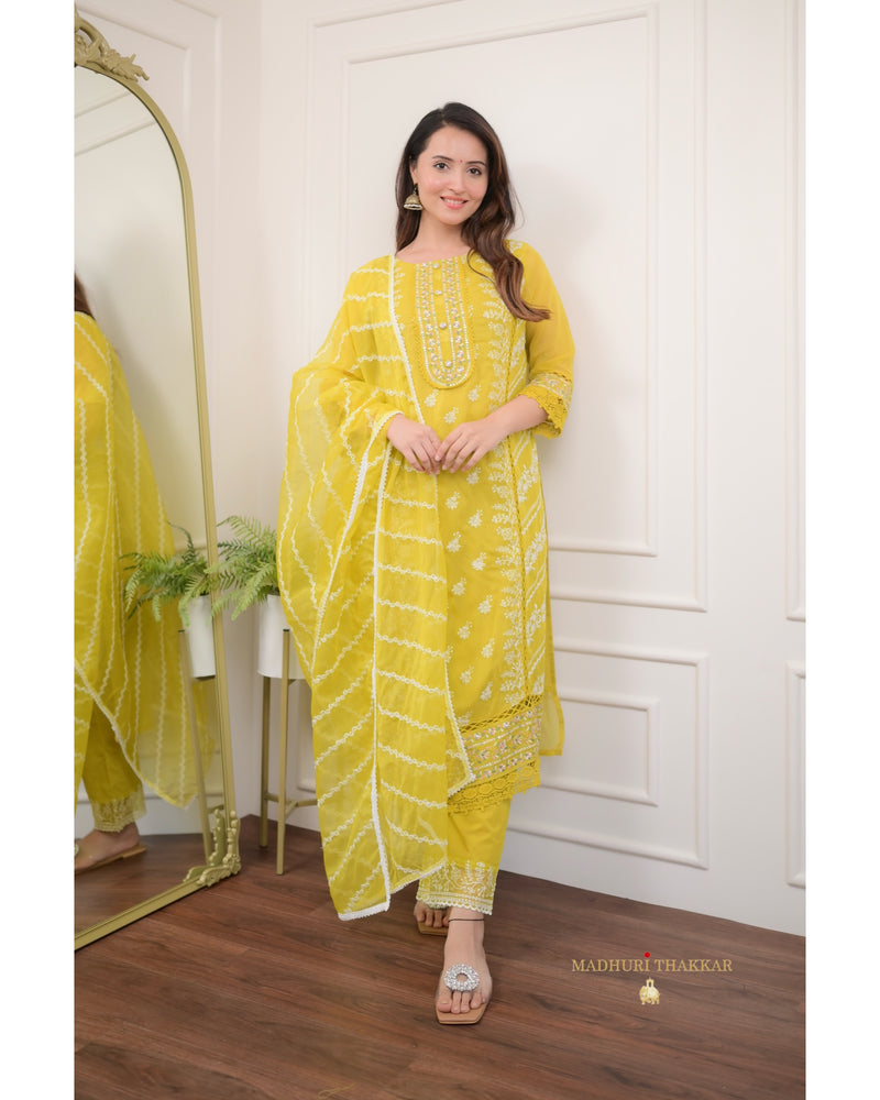 Yellow Threadwork Organza Suit