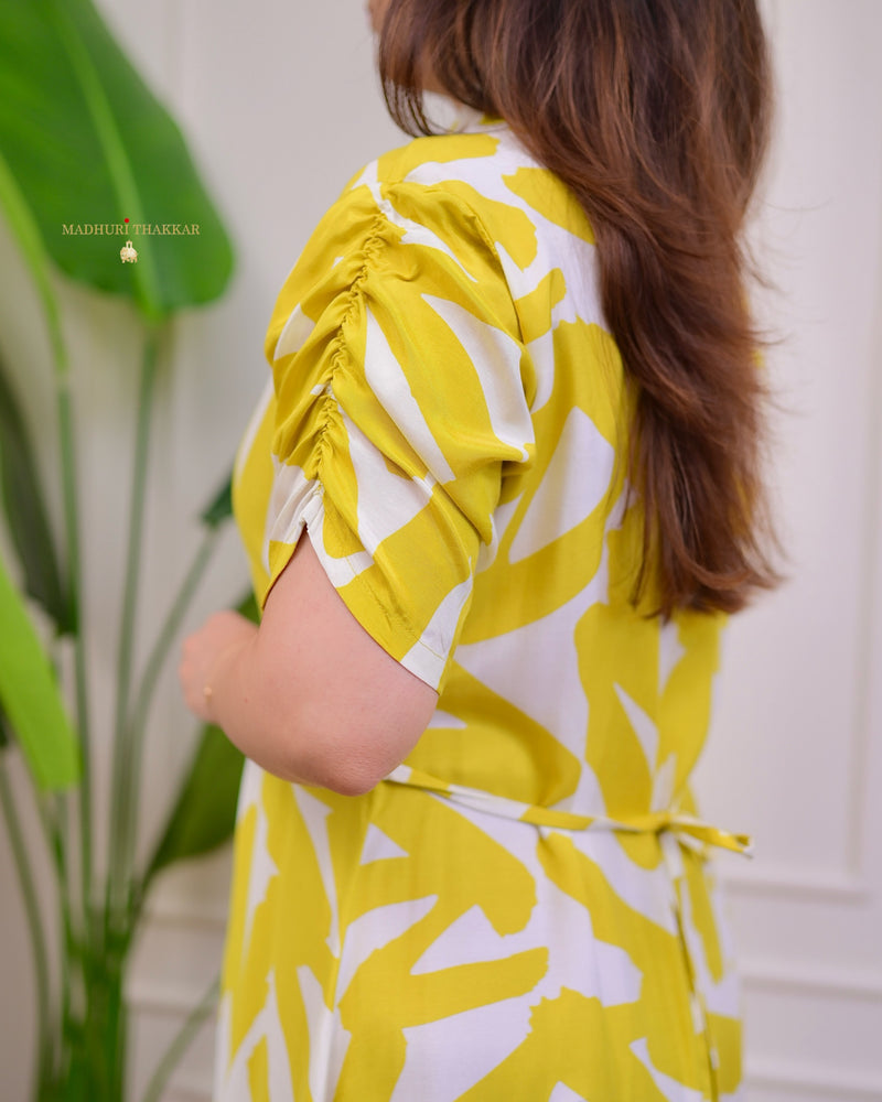 Yellow Ivory Abstract Russian Cotton A Line Dress