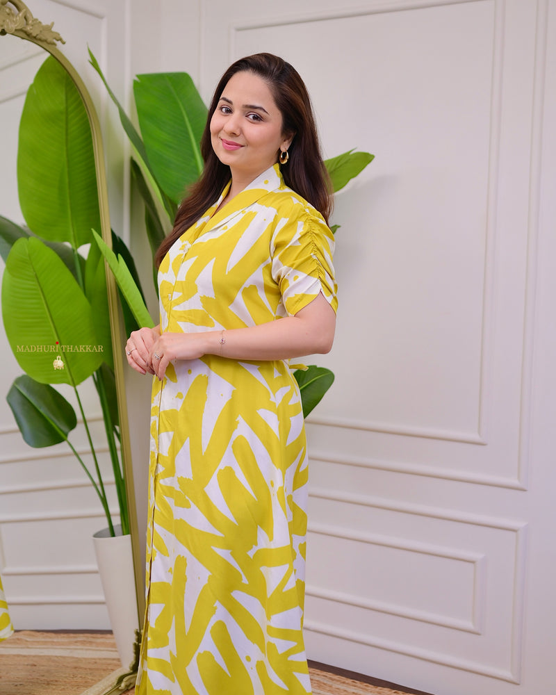 Yellow Ivory Abstract Russian Cotton A Line Dress