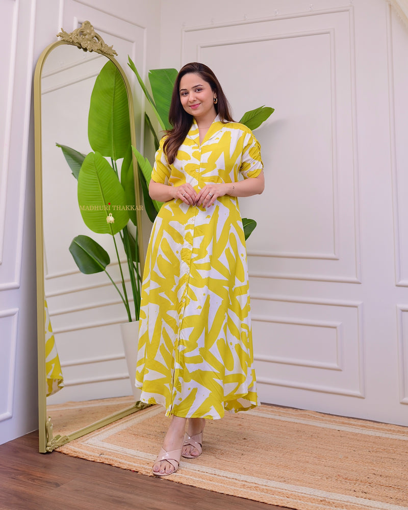 Yellow Ivory Abstract Russian Cotton A Line Dress