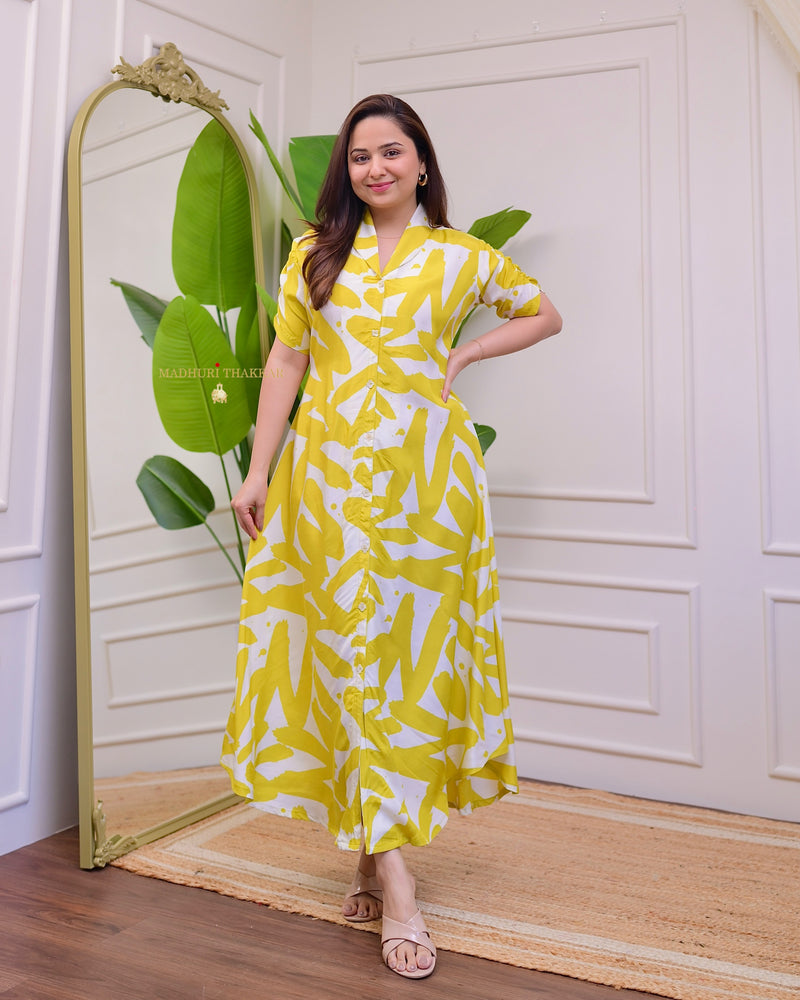 Yellow Ivory Abstract Russian Cotton A Line Dress