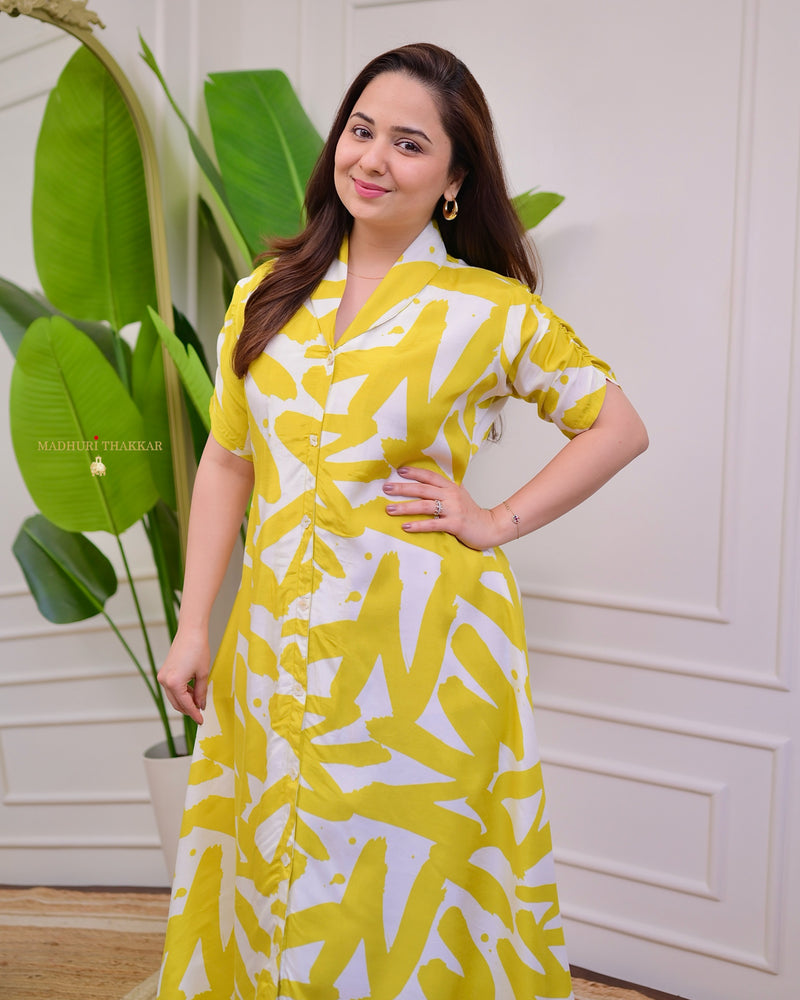 Yellow Ivory Abstract Russian Cotton A Line Dress