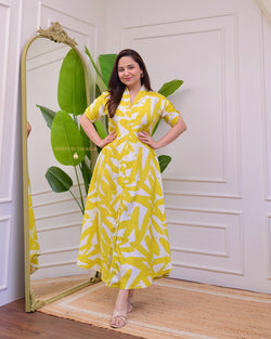 Yellow Ivory Abstract Russian Cotton A Line Dress