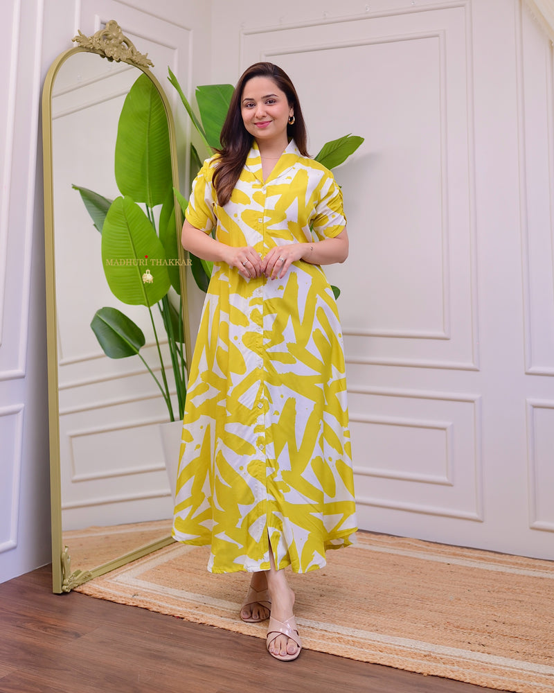 Yellow Ivory Abstract Russian Cotton A Line Dress