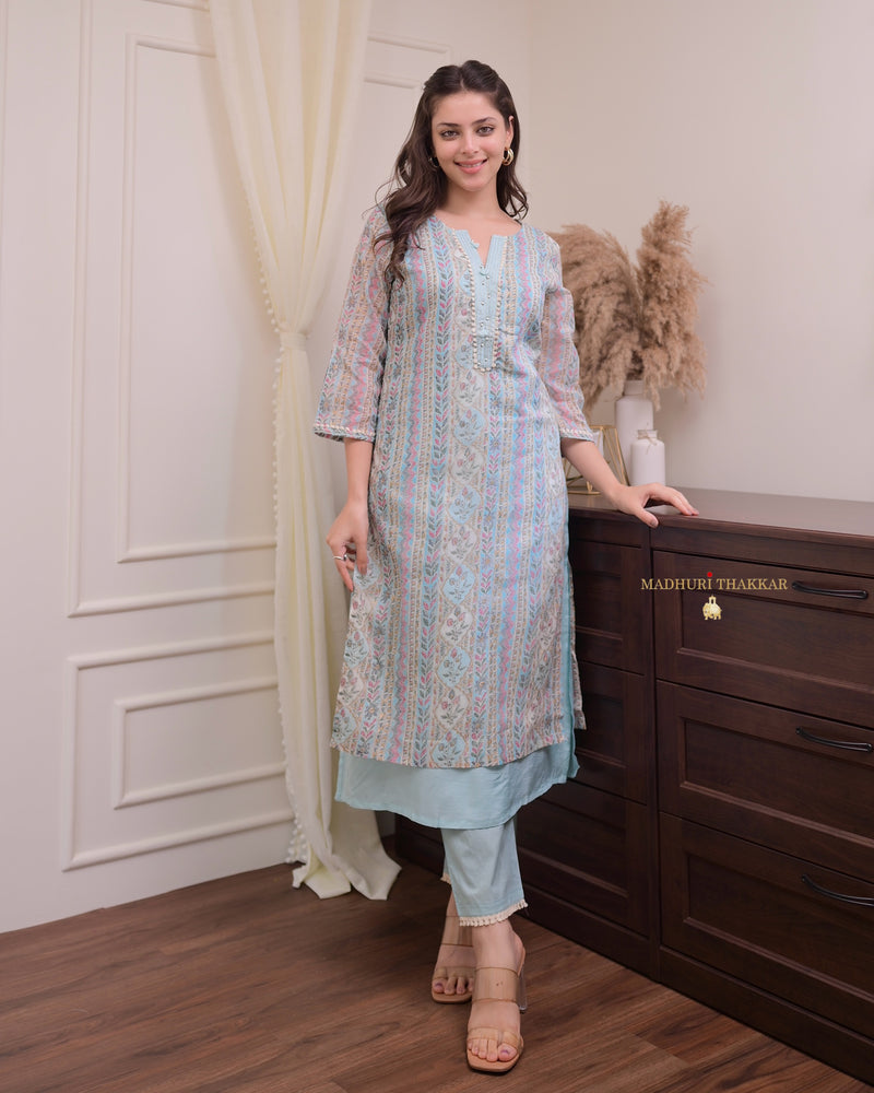 Powder Blue Printed A Line Cotton Kurta Set