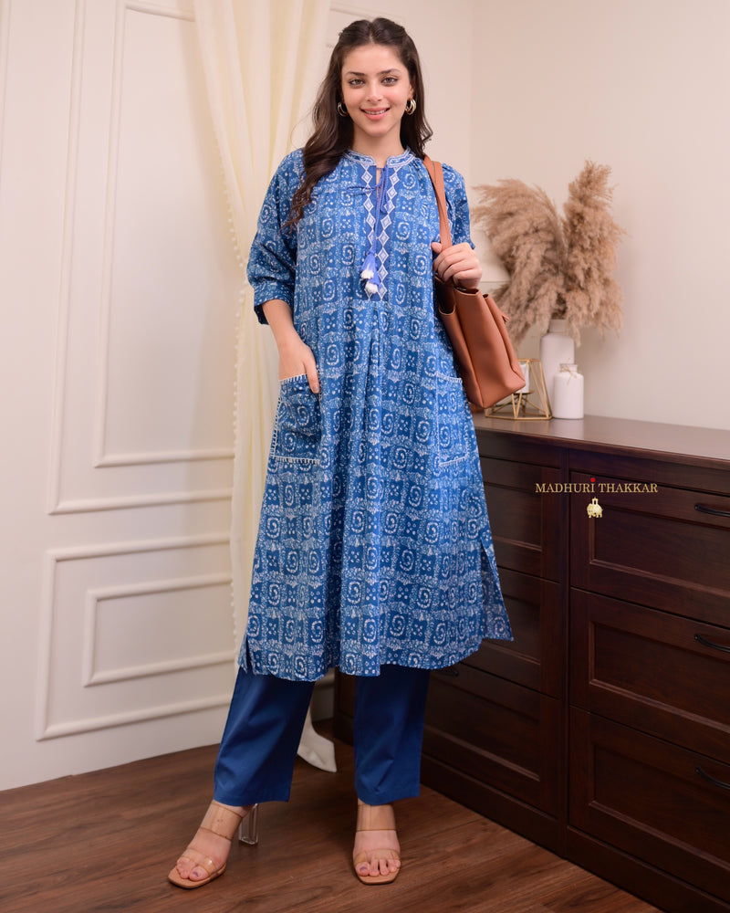 Blue Printed Cotton Kurta Set