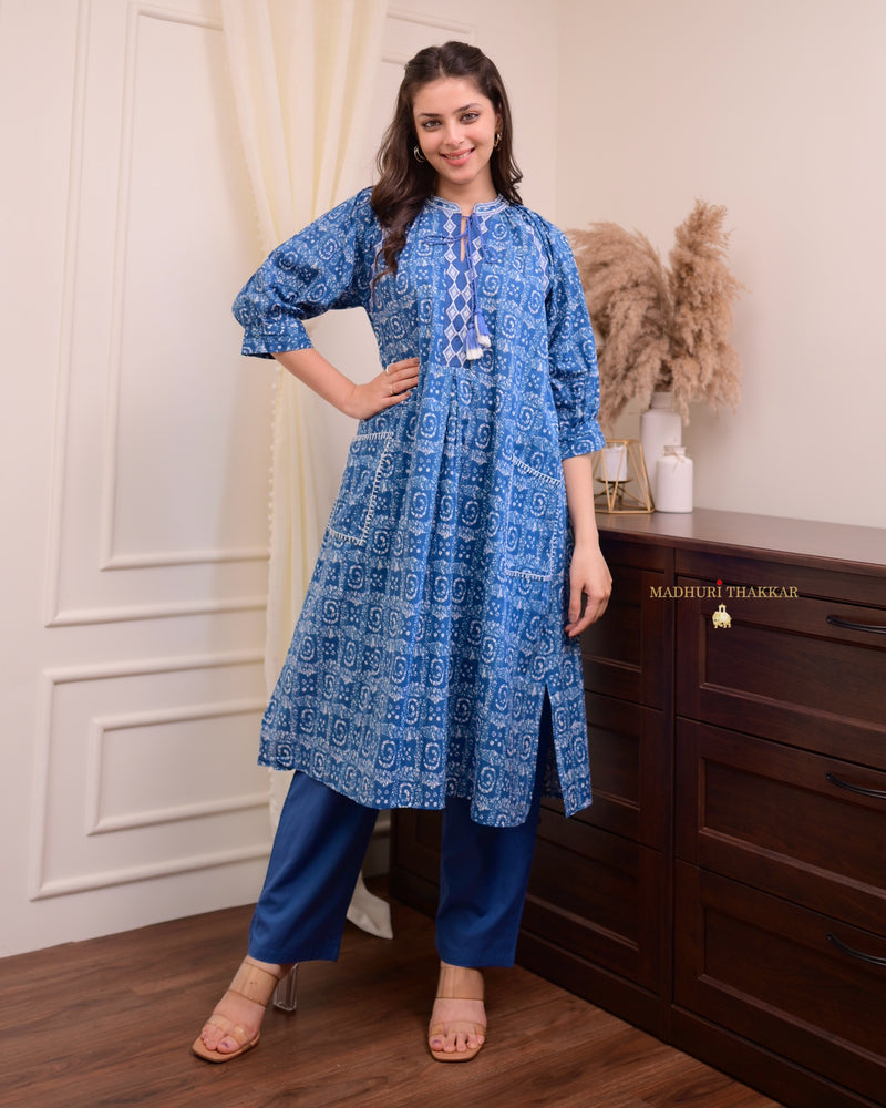 Blue Printed Cotton Kurta Set