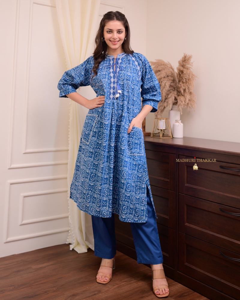 Blue Printed Cotton Kurta Set