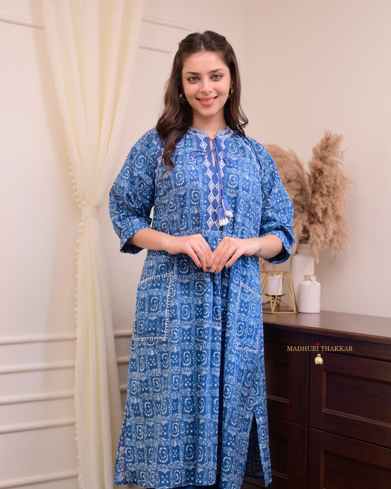 Blue Printed Cotton Kurta Set