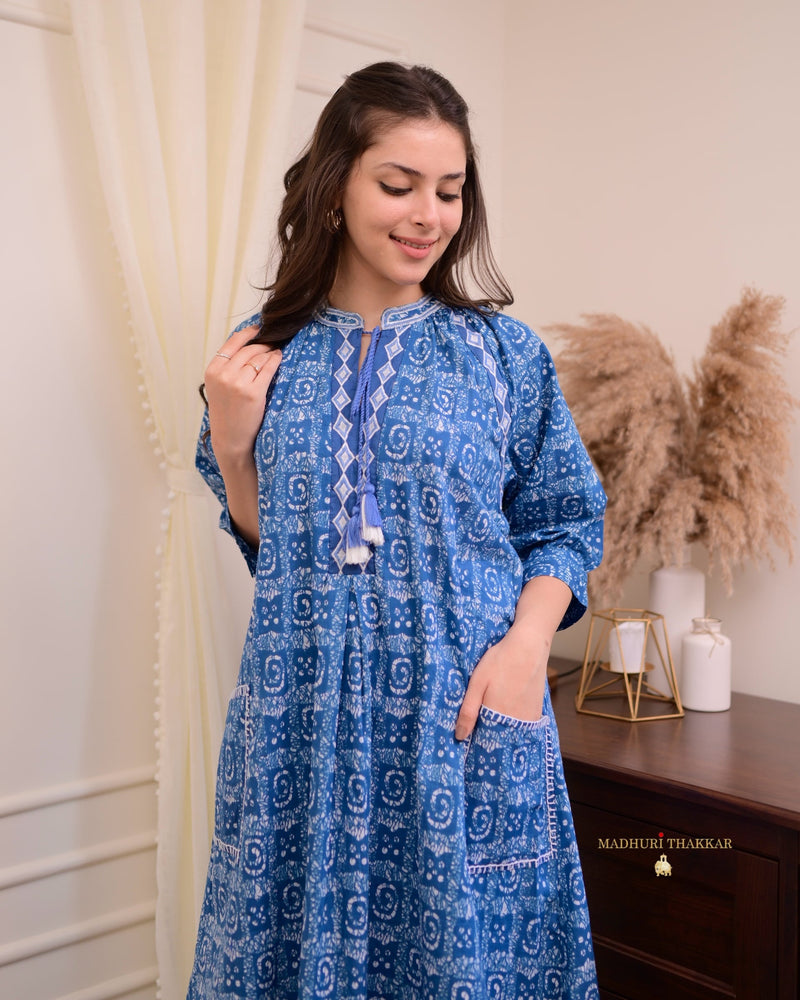 Blue Printed Cotton Kurta Set