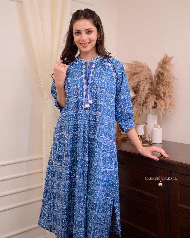 Blue Printed Cotton Kurta Set