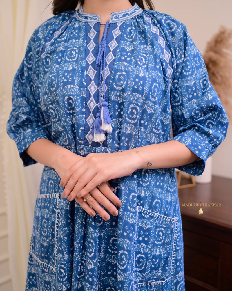 Blue Printed Cotton Kurta Set