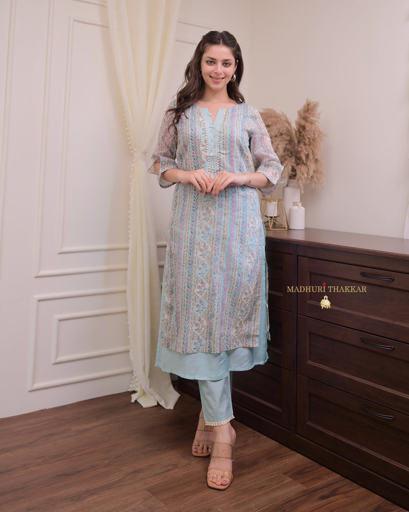 Powder Blue Printed A Line Cotton Kurta Set