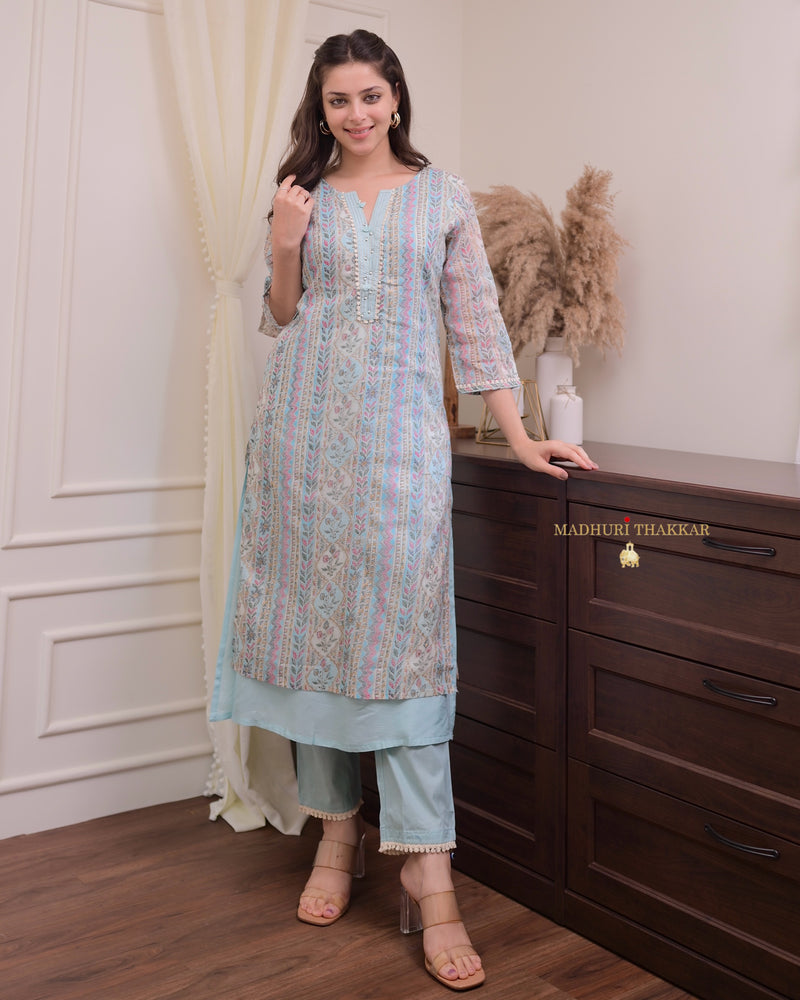 Powder Blue Printed A Line Cotton Kurta Set