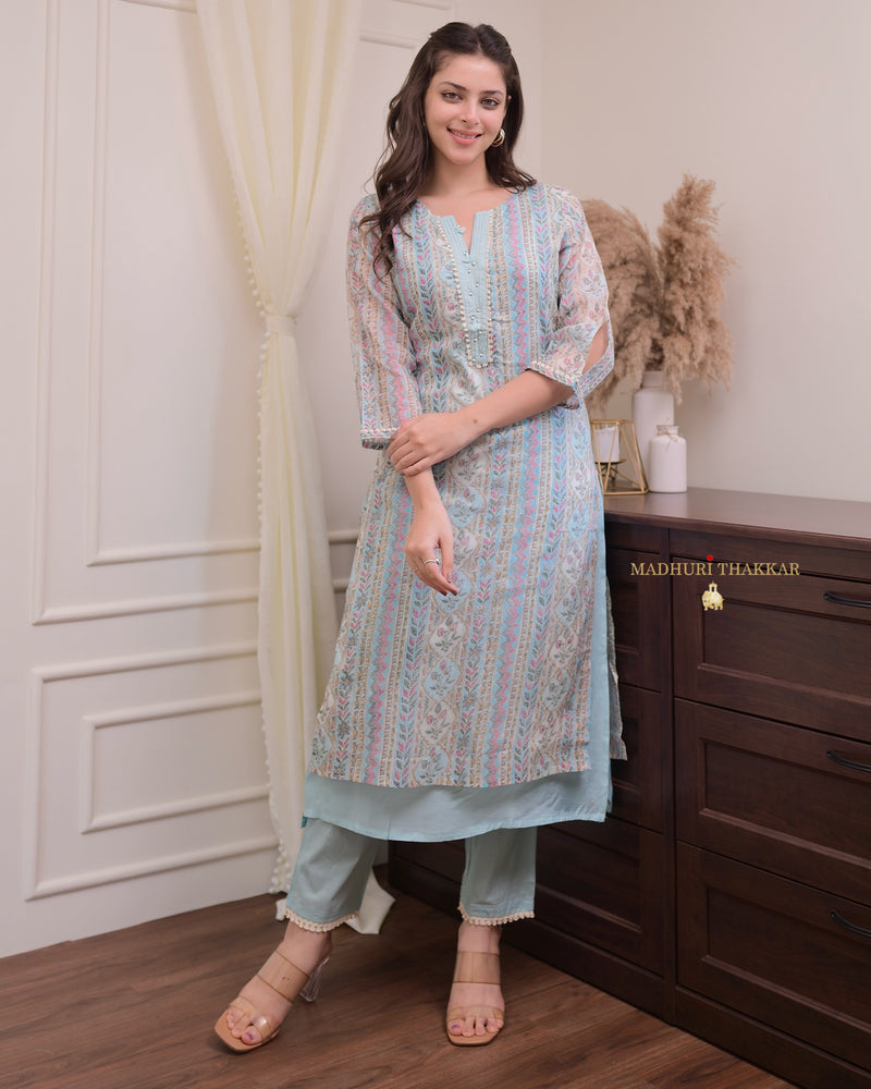 Powder Blue Printed A Line Cotton Kurta Set