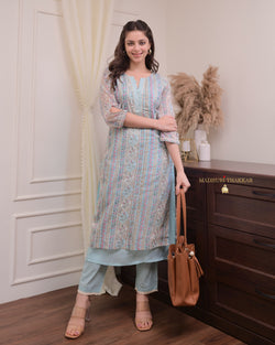 Powder Blue Printed A Line Cotton Kurta Set