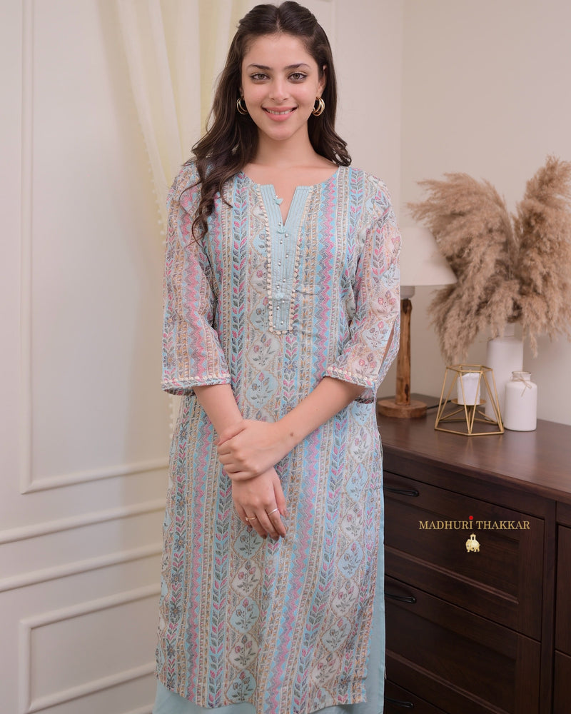 Powder Blue Printed A Line Cotton Kurta Set