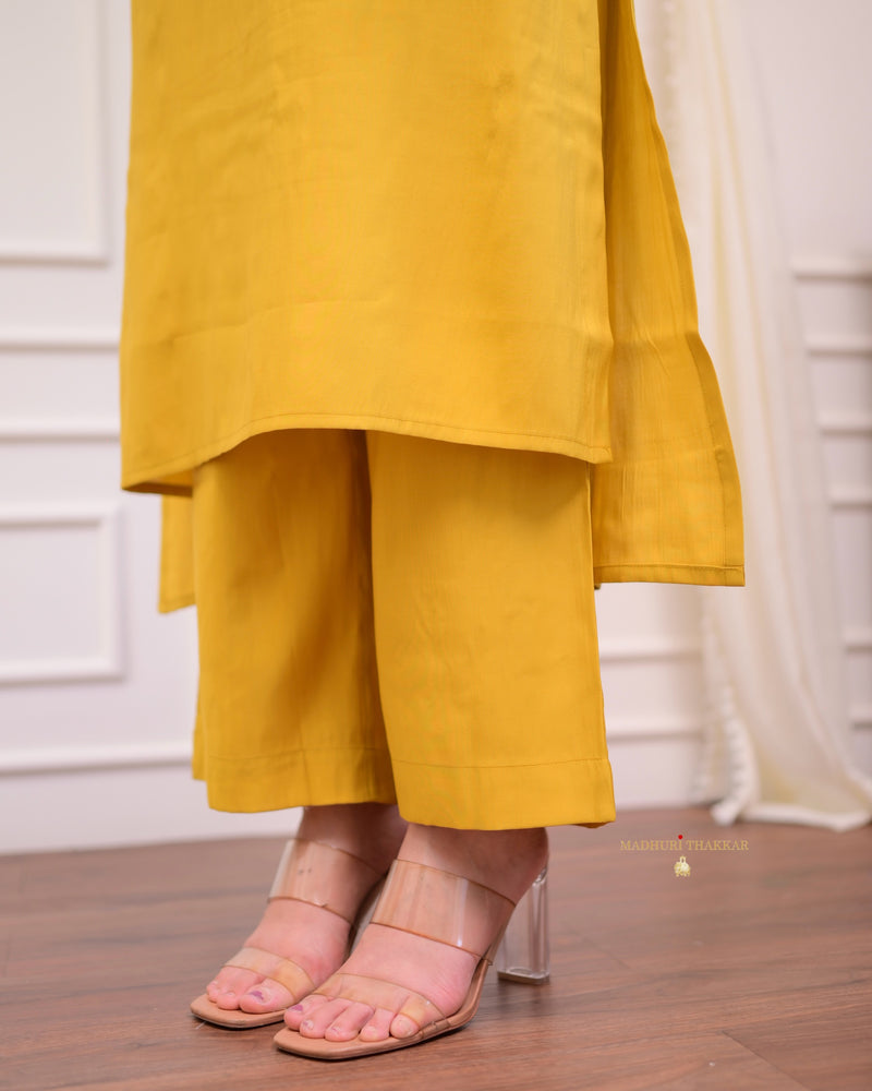 Mustard Yellow Silk Threadwork Kurta Set