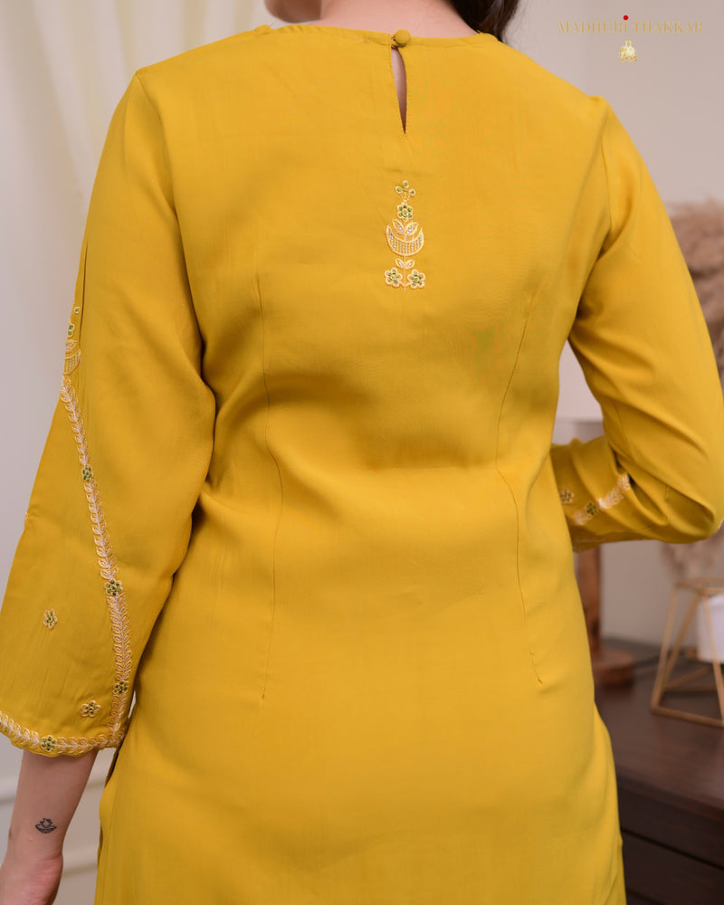 Mustard Yellow Silk Threadwork Kurta Set