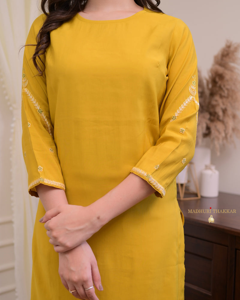 Mustard Yellow Silk Threadwork Kurta Set