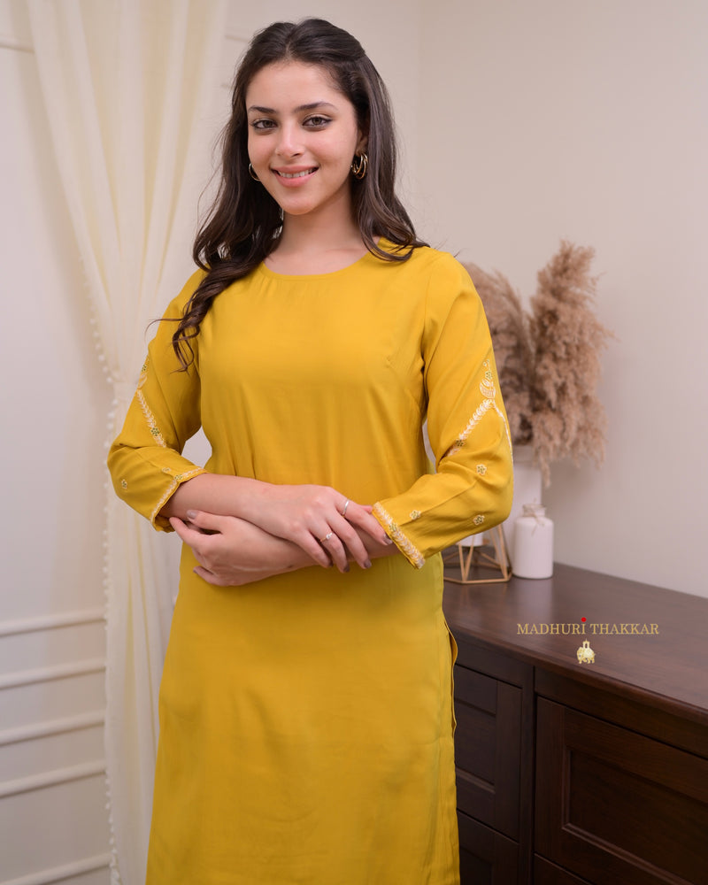 Mustard Yellow Silk Threadwork Kurta Set