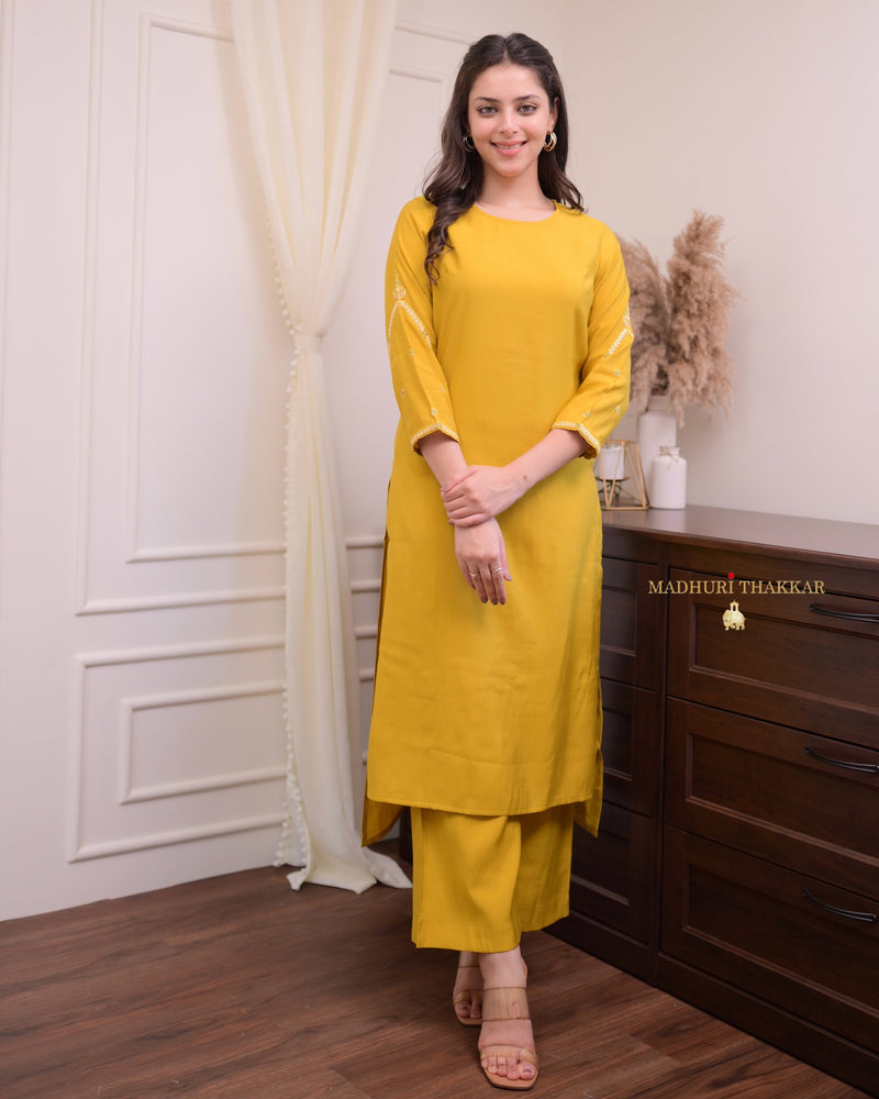 Mustard Yellow Silk Threadwork Kurta Set