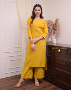 Mustard Yellow Silk Threadwork Kurta Set