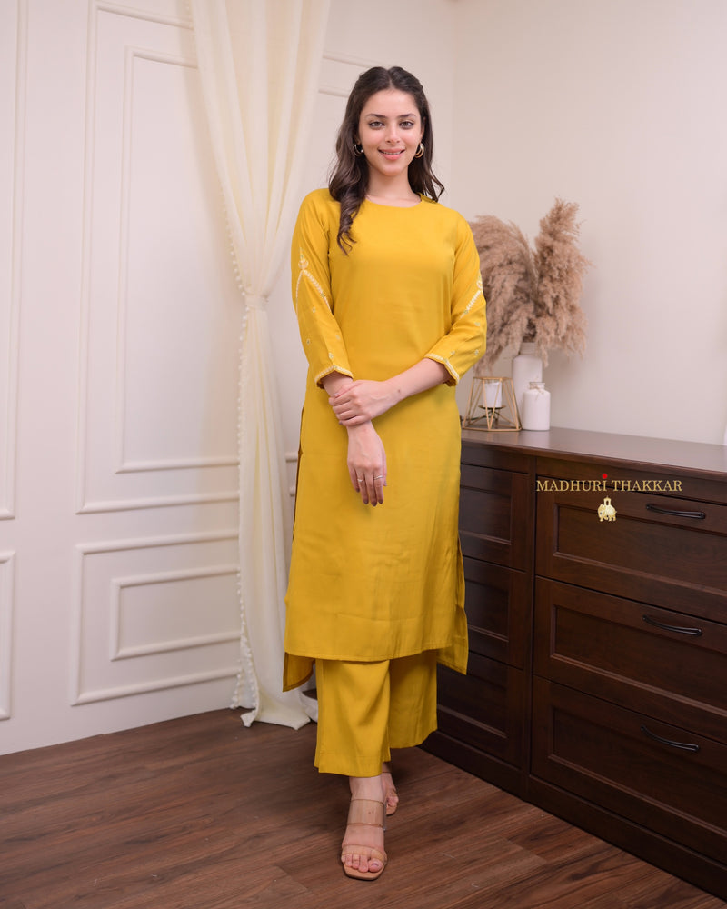 Mustard Yellow Silk Threadwork Kurta Set