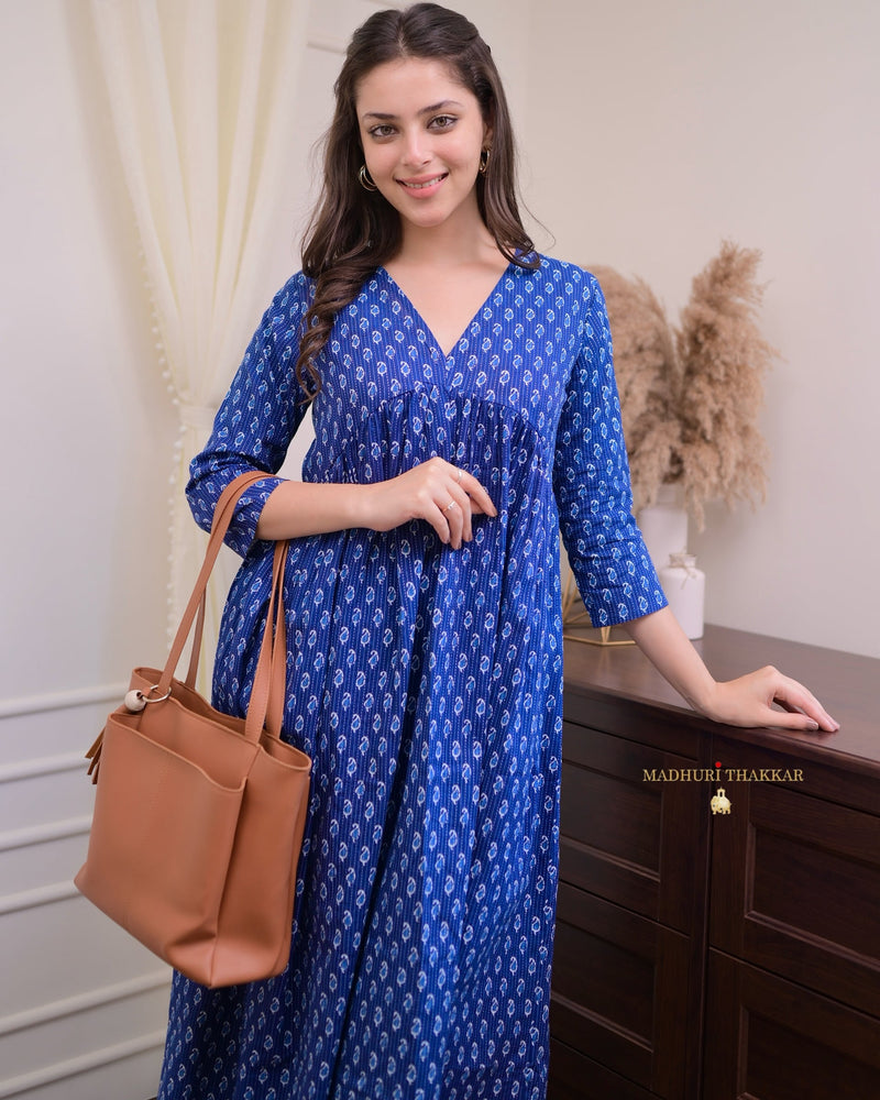 Navy Blue Paisley A Line Cotton Kurta Set