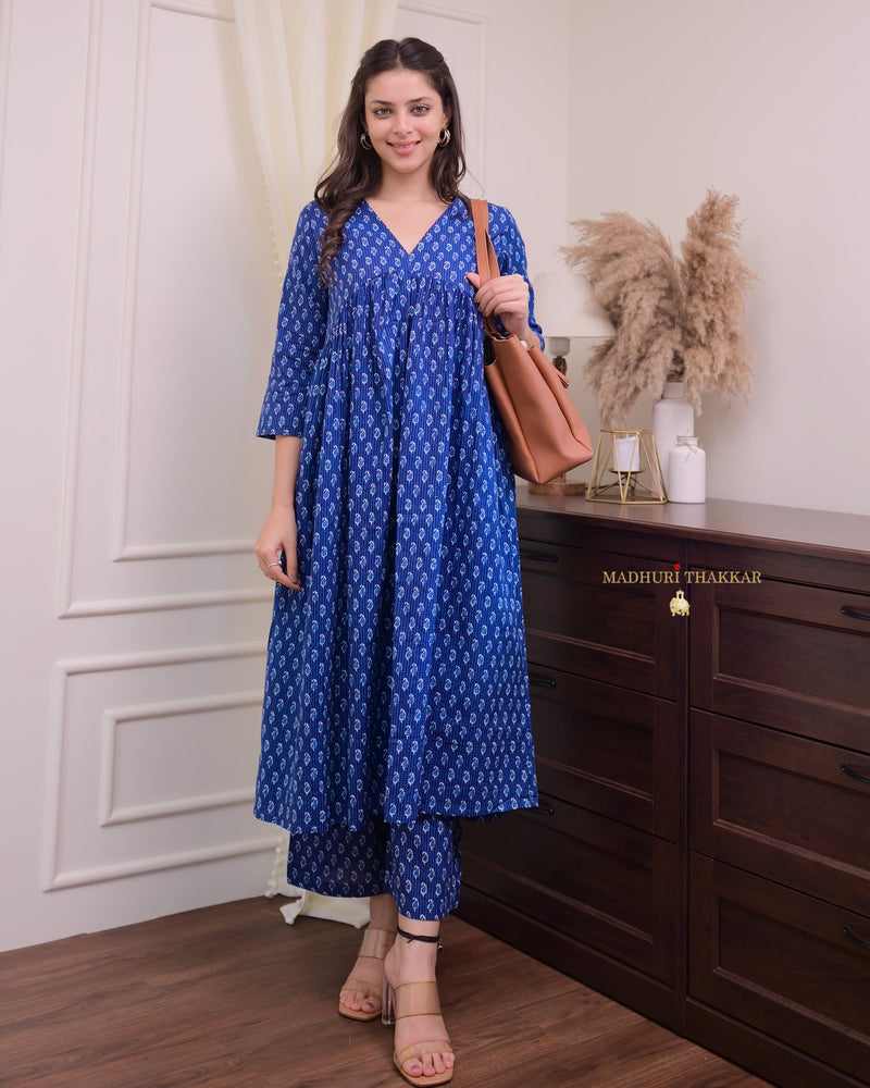 Navy Blue Paisley A Line Cotton Kurta Set