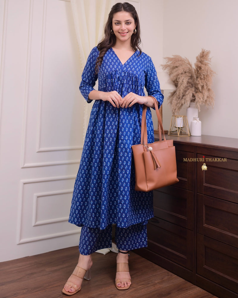 Navy Blue Paisley A Line Cotton Kurta Set